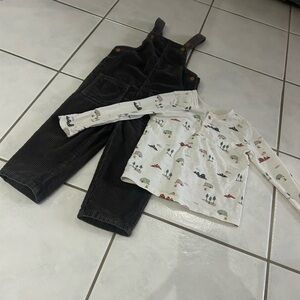 Children's Brown Corduroy Overalls with Cream Printed Long-Sleeve Tee